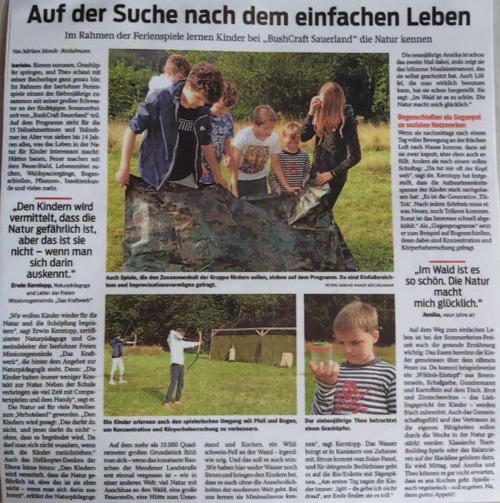 IKZ Zeitungsartikel über die Sommerferien-Freizeit 2021 von BushCRAFT Sauerland